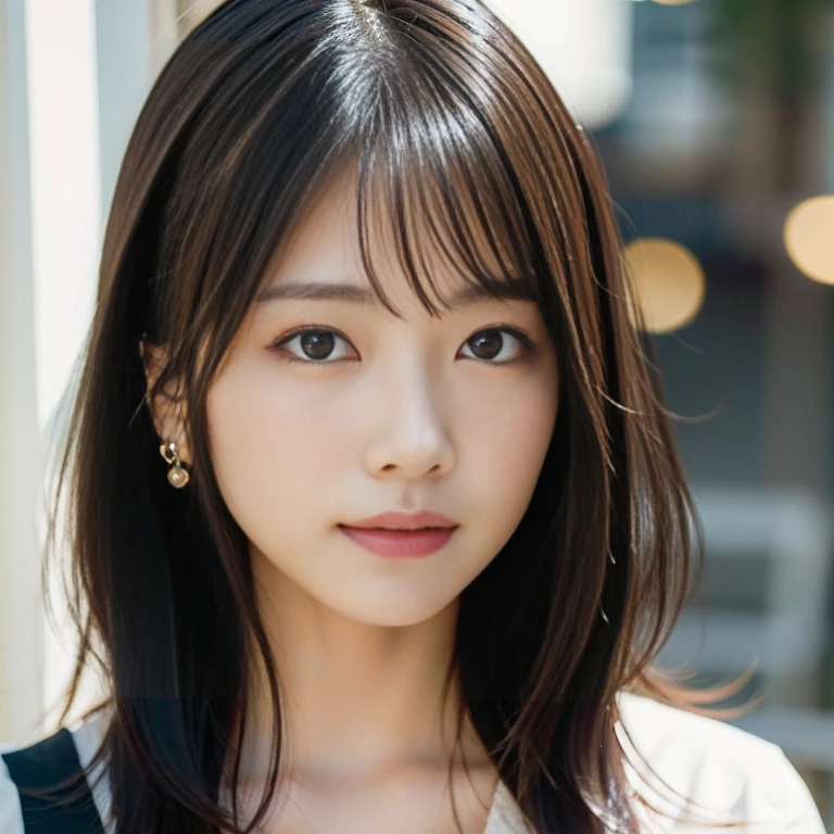 (8k、RAW Photos、Highest quality、Masseter muscle area:1.2)、Ultra-detailed、Ultra-high resolution、(Realistic、Realistic photos:1.37)、Portrait、High-resolution RAW color photos、Professional photography、hVery detailed and beautiful、Very detailed、8k画像壁紙、Incredibly detailed、Large file size、Official Art、HVery detailed CG Unity 8k wallpapers、hVery detailed beautiful girl、Very detailed顔、Very detailed目、Very detailed皮膚、Very detailed指、hVery detailed nose、Very detailed詳細な口、Perfect Anatomy、Detailed Background、Detailed clothing、1 girl、30th Generation、cute、Realistic body、、White skin、Glowing Skin、The body is slim、Handsome body、Black-haired、short hair、(Blunt bangs: 1.2)、Laughter、cute、Zola々right、cute faces、A vivid face、Delicate eyes、Source Order、See through、Earrings、Looking into the camera、Cowboy Shot、Positive、Standing posture、Contrapo、Dynamic Lighting、Super huge 、Cowboy Shot、Upper body:1.2