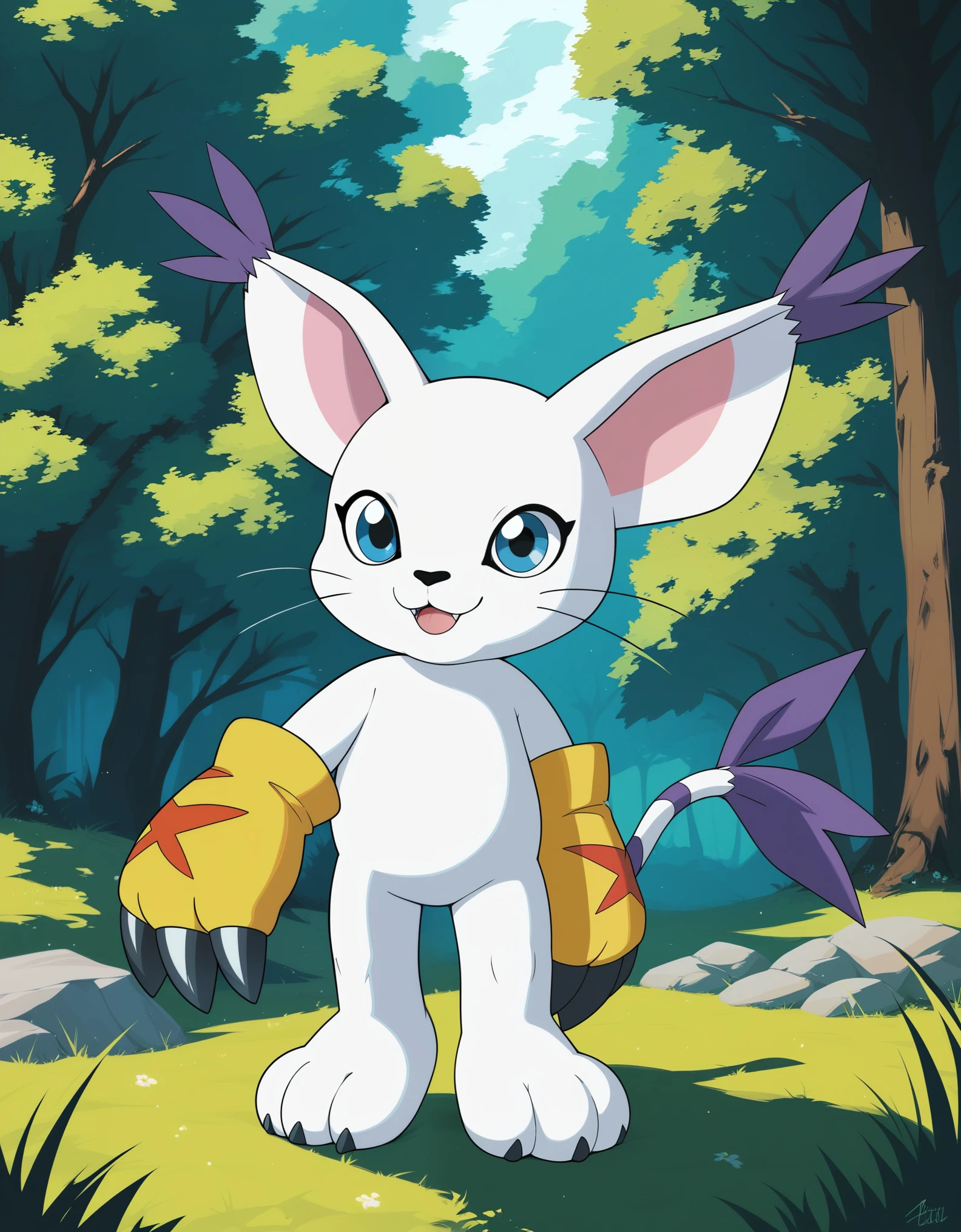 source_furry, absurdres, masterpiece, outstanding,, GATOMON, TAIL RING, RINGLESS, solo, digimon, in a forest, blue eyes, 