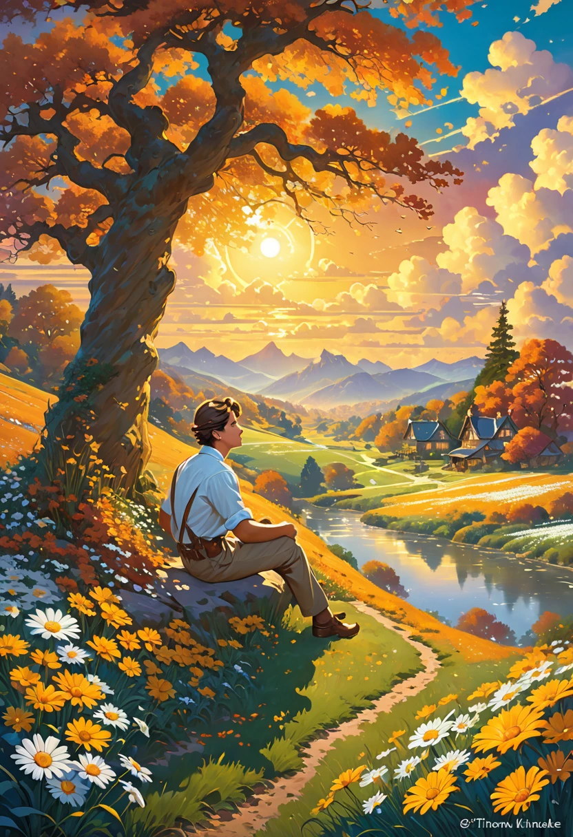 anime masterpiece: Create an image of a watchman, detailed anime style. The scene is a boy sitting next to a tree in an autumn meadow., looking at a vast golden sky with white clouds, an incredible sunset, tall green grass, daisy flowers, ULTRA Style Kilian Eng and Thomas Kinkade, Rob Gonsalves y Tim White. , silvain sarriel. Rhads y Thomas Kinkade, inspirado en Rhads, cyril rolando and m.I'm confused, cyril rolando and m. I'm confused, Rhads!!!