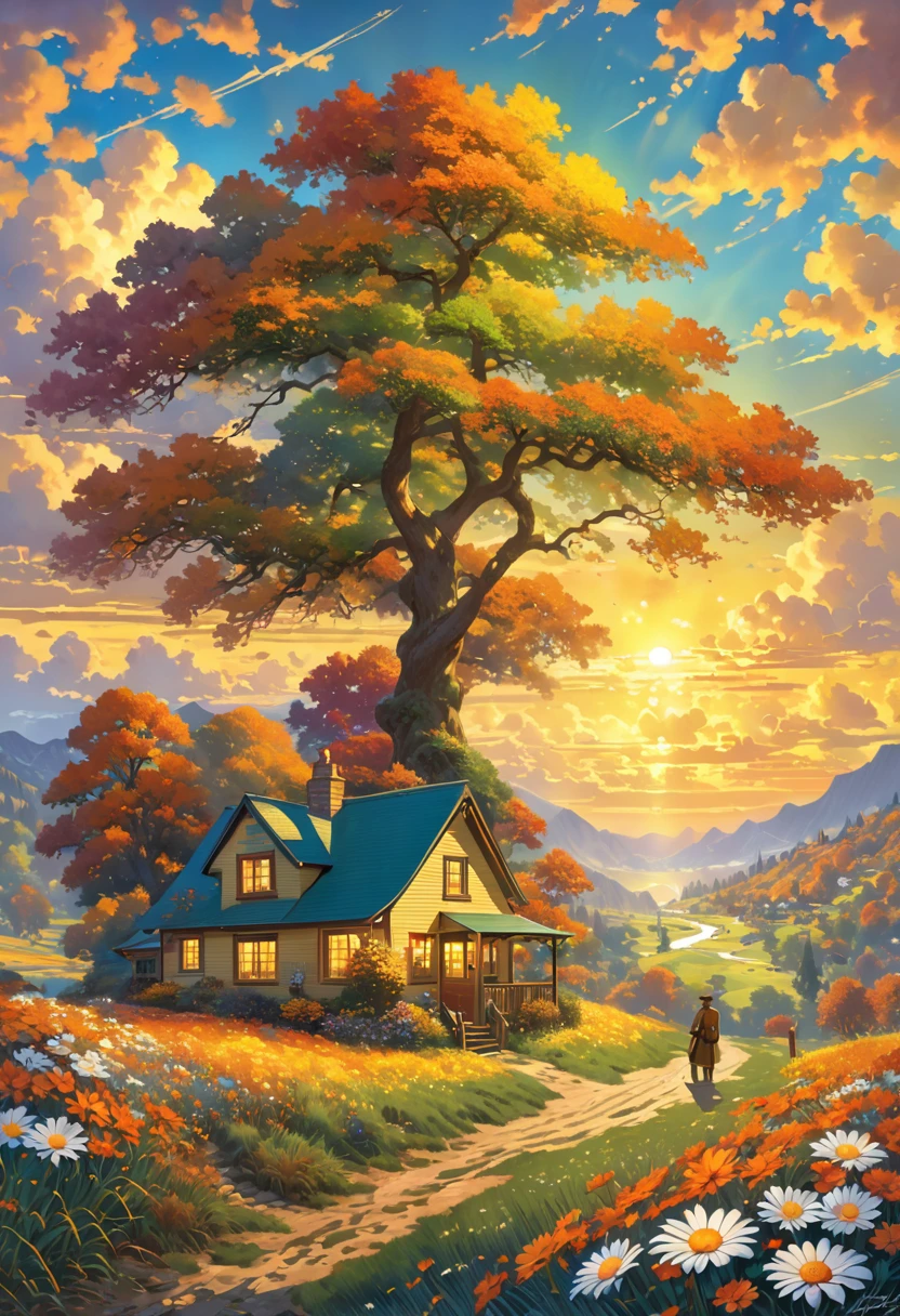 anime masterpiece: Create an image of a watchman, detailed anime style. The scene is a boy sitting next to a tree in an autumn meadow., looking at a vast golden sky with white clouds, an incredible sunset, tall green grass, daisy flowers, ULTRA Style Kilian Eng and Thomas Kinkade, Rob Gonsalves y Tim White. , silvain sarriel. Rhads y Thomas Kinkade, inspirado en Rhads, cyril rolando and m.I'm confused, cyril rolando and m. I'm confused, Rhads!!!