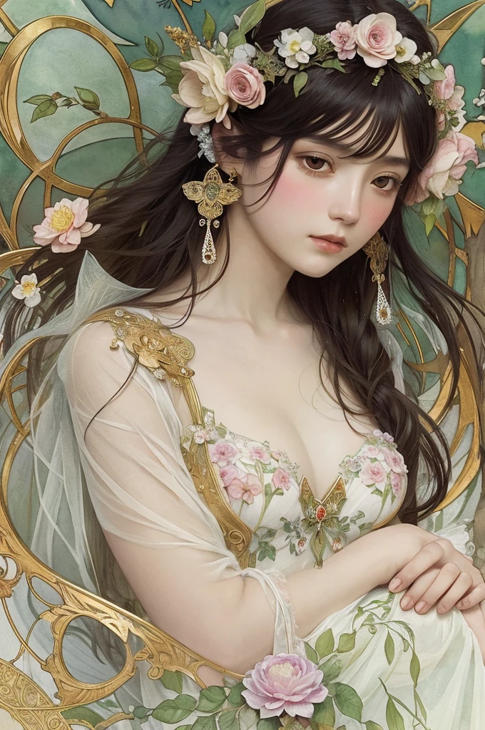 Depicts a beautiful woman with flowers in her hair、Highly detailed watercolor painting, The style of Alfons Maria Mucha and Gustav Kirmut, Art Nouveau accents, Fairy Princess, Anthropomorphic woman, Female figure, Detailed cover artwork, As the Flower Goddess, Alphonse Mucha, Gustav Klimt, Pale skin, Marble sculpture, society, Gothic art, Art Nouveau, Behance Contest Winner, black hair, Asian
