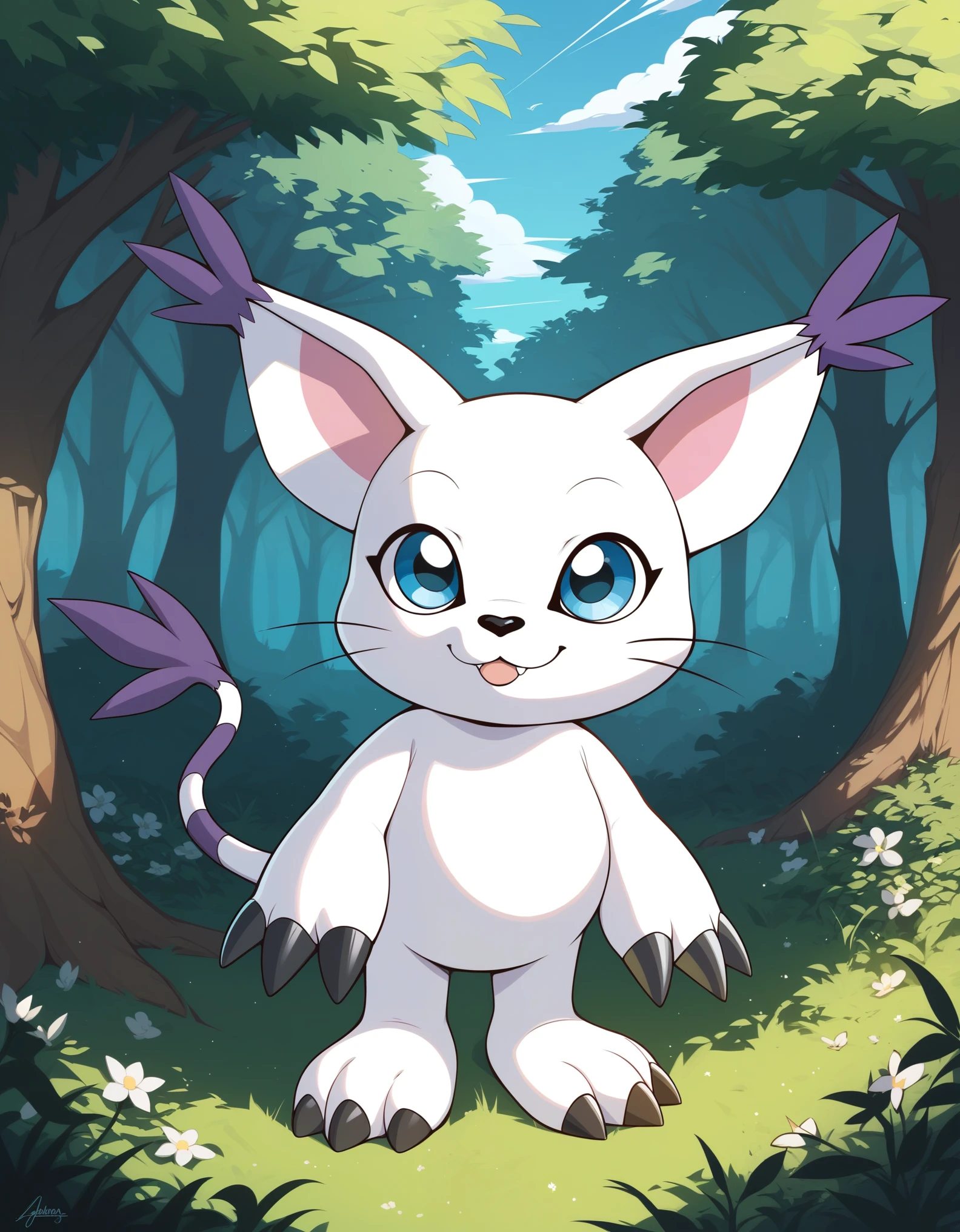 source_furry, absurdres, masterpiece, outstanding,, GATOMON, TAIL RING, RINGLESS, solo, digimon, in a forest, blue eyes, 