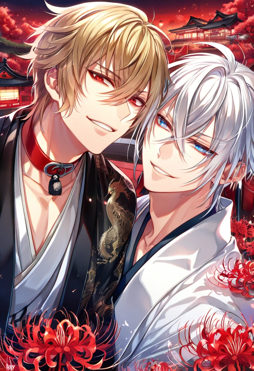 absurdres, highres, ultra detailed, HDR, master piece, best quality, detailed eyes, extremely detailed, delicated features, Kazama Chikage, dark blonde hair, expressive red eyes, Hakuouki, Kageura Renka, white hair, expressive blue eyes, two sexy men together, yaoi, gay couple, handsome, smile, white kimono, black haori, red collar, magical, fantasy, red spider lilies, red glittering dragonflies, red lanterns, traditional Japanese house, red trees, envy magical