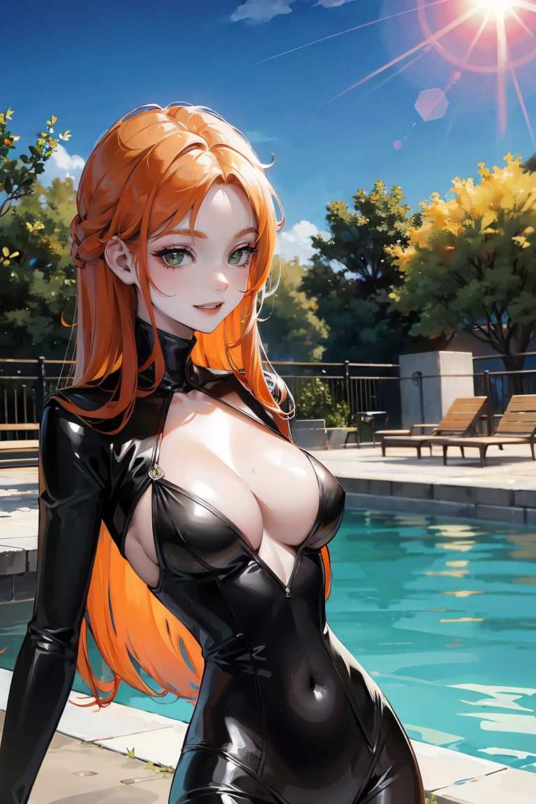long orange hair, green eyes, large cleavage, pale skin, black swuimsuit, pool, sun, smile