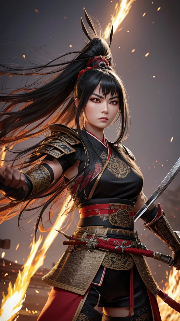 Create a hyper-realistic 3D image of a beautiful red-eyed woman ,blacksilver hair, long golden tips  ,dressed as an ancient Japanese warrior, ancient and spectacular tattoos , she is tough , defiant looks with all her warrior ornaments , give me cool dynamic warrior poses example intense defiant warrior attitude with all its ornaments , the warrior has an ancient sword, spectacular Japanese engravings the setting is night war, japanese camp , the image must be perfectly detailed, applies HDMI technologies, 1200 dpi and full definition 