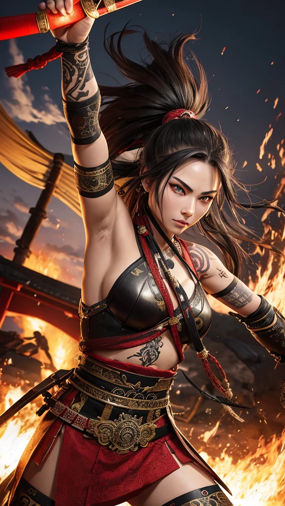 Create a hyper-realistic 3D image of a beautiful red-eyed woman ,blacksilver hair, long golden tips ,dressed as an ancient Japanese warrior, ancient and spectacular tattoos , she is tough , defiant looks with all her warrior ornaments , give me cool dynamic warrior poses example intense defiant warrior attitude with all its ornaments , the warrior has an ancient sword, spectacular Japanese engravings the setting is night war, japanese camp , the image must be perfectly detailed, applies HDMI technologies, 1200 dpi and full definition
