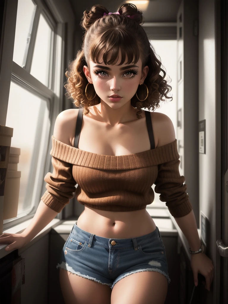 illustration, style of Philip Lorca diCorcia, cinematic film still portrait of young girl aged 18 yrs old, 1girl, solo, Instagram model, athletic figure, pretty face, wearing an off the shoulder brown sweater, wearing jean shorts, light brown hair, short curly hair, crossed bangs, constricted pupils, hair ribbon, hoop earrings, cinematic lighting, Ultra-Wide Angle, Canon, Hyperrealism, UHD, masterpiece, textured skin, high details, best quality, detailed eyes, detailed iris, full body photo