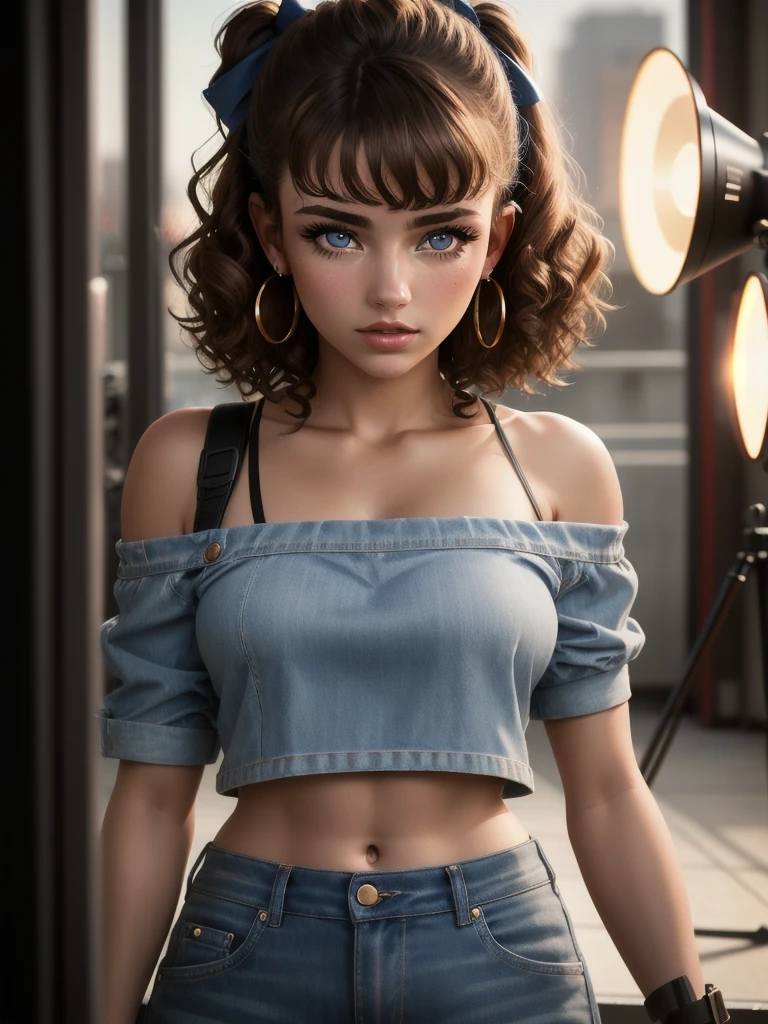 illustration, style of Philip Lorca diCorcia, cinematic film still portrait of young girl aged 18 yrs old, 1girl, solo, Instagram model, athletic figure, pretty face, wearing an off the shoulder brown sweater, wearing jean shorts, light brown hair, short curly hair, crossed bangs, constricted pupils, hair ribbon, hoop earrings, cinematic lighting, Ultra-Wide Angle, Canon, Hyperrealism, UHD, masterpiece, textured skin, high details, best quality, detailed eyes, detailed iris, full body photo