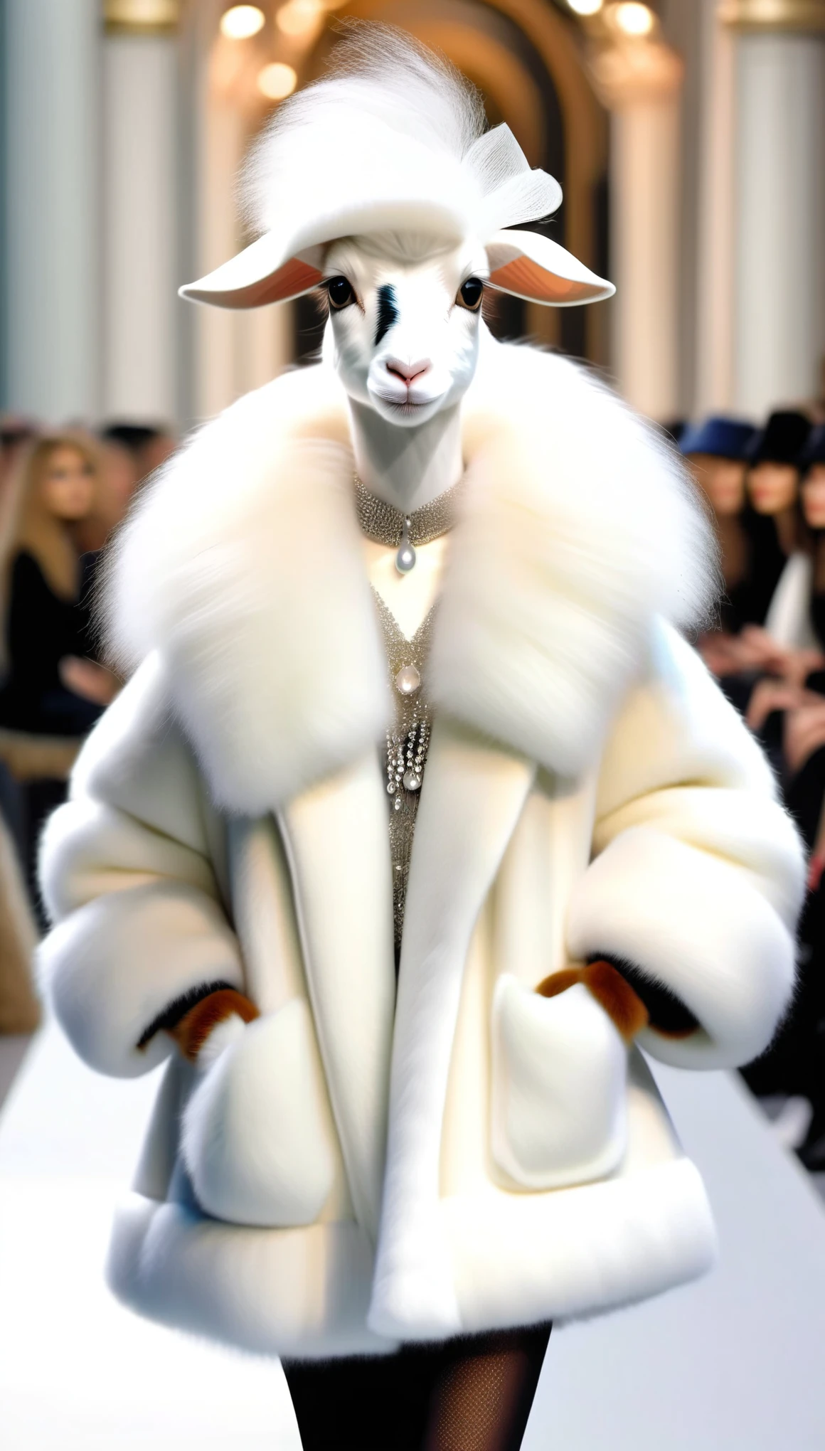 （Cute angora goat fashion show), angora goat is anthropomorphized with makeup，(whole body image:1.5)，Fashion trends for winter 2024,white fur, luxury fur coat, Charming , Enchanting , walking on a catwalk(hands on hips:1.5)，Cool, cartoon style Cute big eyes, necklace, hat,  Fashion ，Cartoon ，in style of Cosplay fashion design , portrait, Fashion show catwalks background