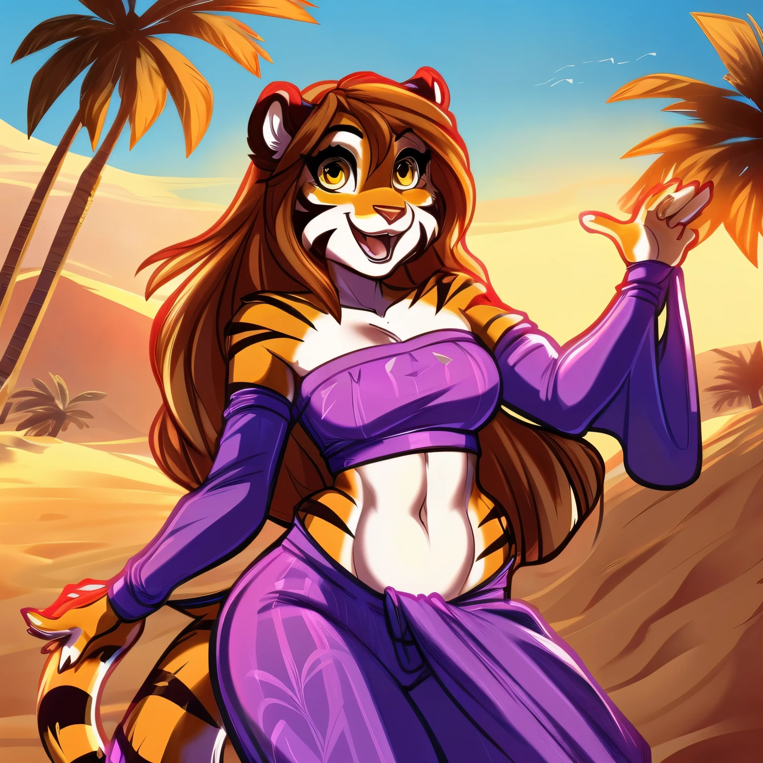 (by pollo chan), rating_explici source_furry, (solo, solo focus, 1girl, harem pants, long hair, midriff, navel, open mouth, smile, standing, tube top, full body, see-through sleeves, belly dancing, desert, palm tree, dancing,  cute face, large eyes, wide hips, thin waist, athletic, flat stomach, lean, medium breasts, tkflora, tiger, striped fur, keidran, yellow eyes