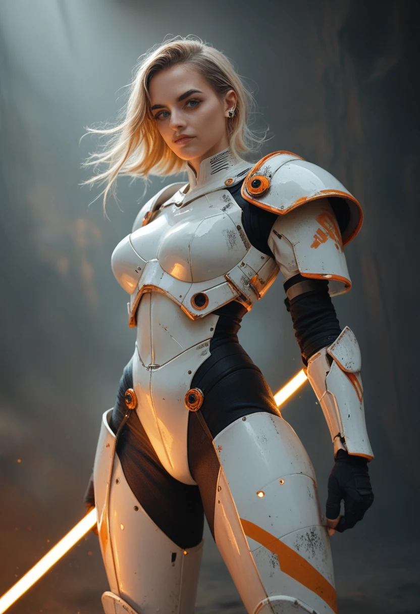 "A powerful indigenous warrior with piercing, expressive lilac eyes. She wears futuristic purple and white armor., with orange and blue details. His armor is elegant and functional, with an aerodynamic design that includes protective pieces on the arms, legs and torso. She holds a bright orange energy stick, and your hair is short and black. The character exudes strength and determination, representing the fusion of indigenous tradition with advanced technology."