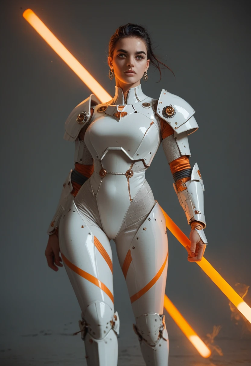 "A powerful indigenous warrior with piercing, expressive lilac eyes. She wears futuristic purple and white armor., with orange and blue details. His armor is elegant and functional, with an aerodynamic design that includes protective pieces on the arms, legs and torso. She holds a bright orange energy stick, and your hair is short and black. The character exudes strength and determination, representing the fusion of indigenous tradition with advanced technology."