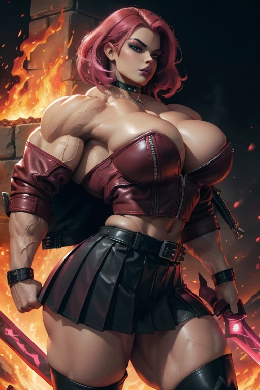 ((Close-up)), tall, (shocking pink hair) beautiful muscular woman, angled bob cut, light brown skinned, closed smile, (black lipstick), (massive muscles), (hyper muscle), (ginormous bulky muscles), glowing red eyes, ((leather jacket and long pleated skirt)), (carrying a fire sword), choker, boots, night in a fire castle, 