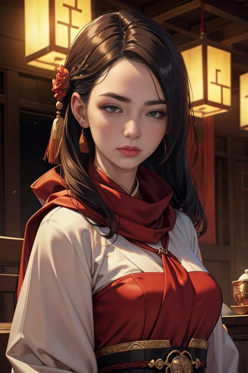 best qualityer, work of art, high resolution, 1 girl, chinese hanfu,chinese architect background, Red scarf, hair ornament,necklase, jewerly,beautiful  face,about_cos, Tyndall effect,photorrealistic, dark studio, rim lighting, two tone lighting,(highly detailed skin:1.2), 8k uhd, dslr, soft lighting, high qualiy, volumetric lighting, candid, fot, high resolution, 4K, 8k, bokeh, in red dress