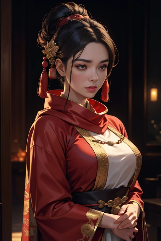 best qualityer, work of art, high resolution, 1 girl, chinese hanfu,chinese architect background, Red scarf, hair ornament,necklase, jewerly,beautiful  face,about_cos, Tyndall effect,photorrealistic, dark studio, rim lighting, two tone lighting,(highly detailed skin:1.2), 8k uhd, dslr, soft lighting, high qualiy, volumetric lighting, candid, fot, high resolution, 4K, 8k, bokeh, in red dress