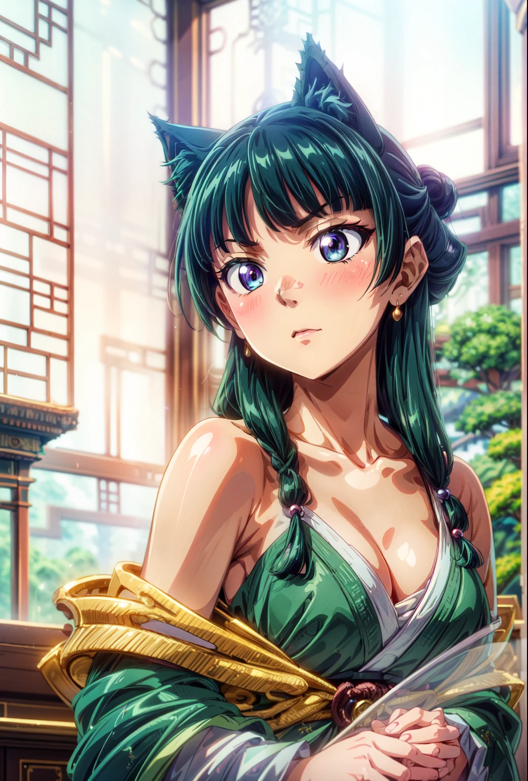 (Masterpiece, High Quality, Top quality, High-Detailed, Detailed CG, Cinematic Shadow, Cinematic Scene, Beautiful Detailed Eyes, Ultra Resolution, Depth of Field, 8k, High resolution, masterpiece: 1.2), Anime art style, Very detailed, Dynamic Angle, Teen Style, Detailed Green Hair, Cat Ear, Detailed Blue Eyes, Slim Body, Sparkling eyes, Hair Accessory, Earrings, Slightly Blunt Bangs, Looking at the Audience, (Blush Expression:1.2), (Angry Expression:1.2), (Dark Green Hair), Purple Eye, Five Fingers, Good Composition, Arms, Thighs, Medium Breasts, Medium Size Breasts, Blur Background, Chinese Architectures