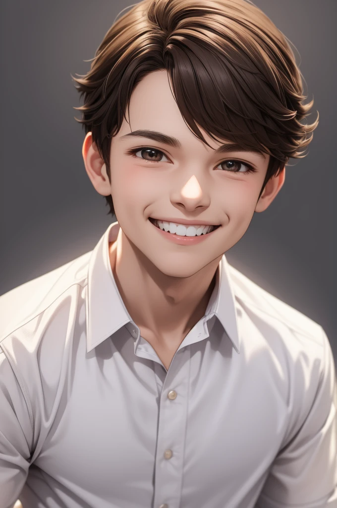 the boy is smiling and wearing a white shirt, transparent background png, solo, smile, 1boy, male focus, looking at viewer, realistic, teeth, brown hair, grin, portrait