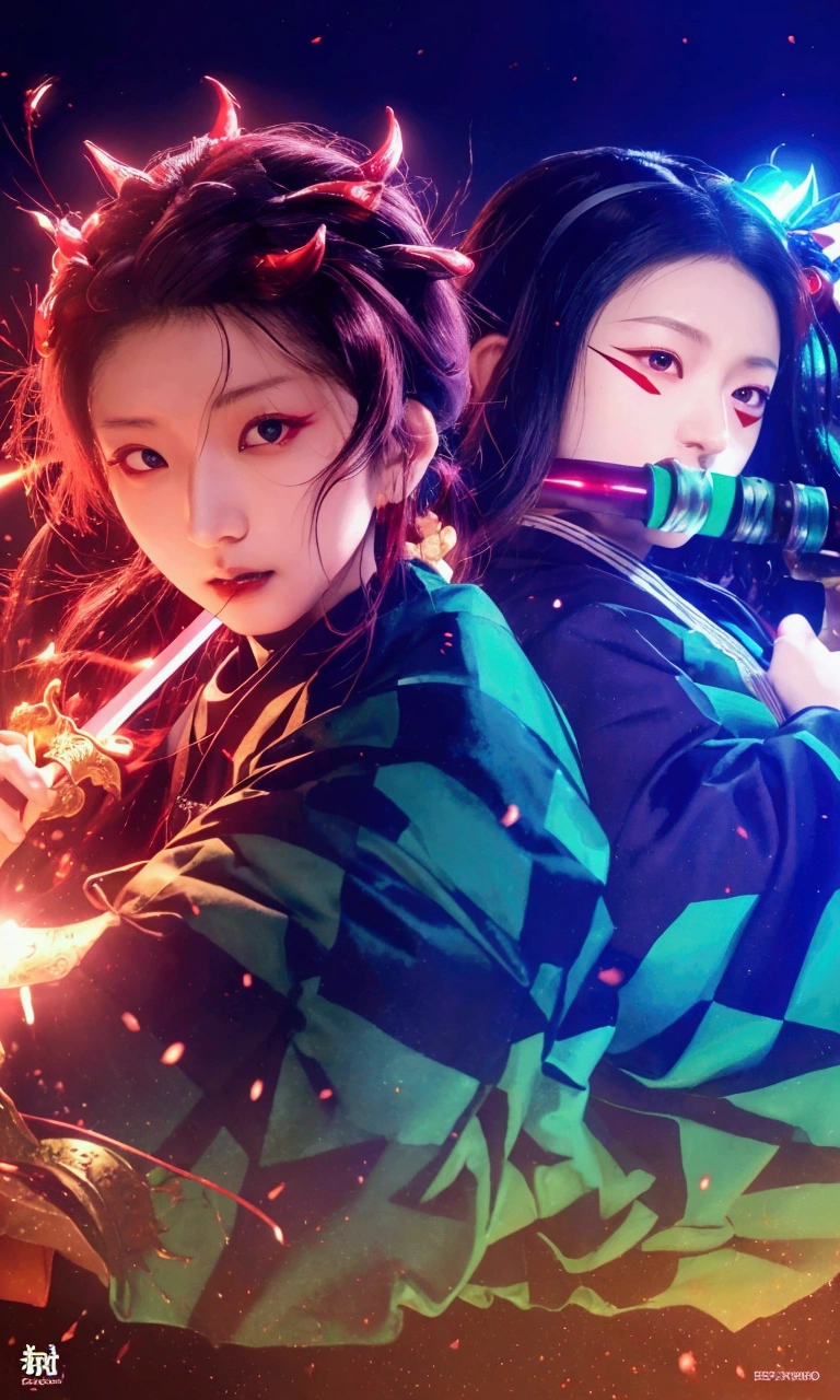 Kamando tanjro, kamando nezuko, demon slayer, maleand famale, asian face, red eyes, black hair, detailed hair, demon slayer uniform clothes, handled a sword, dark purple light background, detailed mask, detailed hand, detailed body, ultra-realistic1.2, ultra-detailed1.2, bestquality, masterpiece.