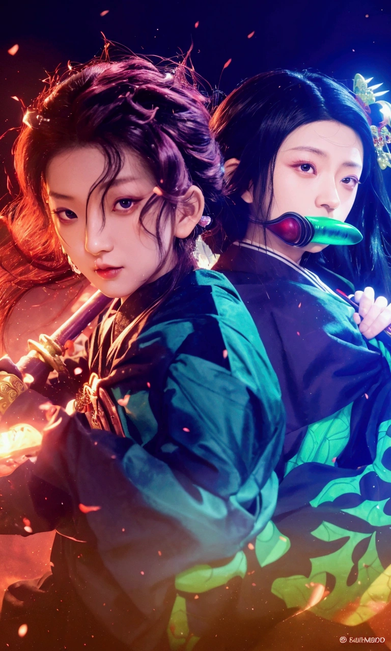 Kamando tanjro, kamando nezuko, demon slayer, maleand famale, asian face, red eyes, black hair, detailed hair, demon slayer uniform clothes, handled a sword, dark purple light background, detailed mask, detailed hand, detailed body, ultra-realistic1.2, ultra-detailed1.2, bestquality, masterpiece.