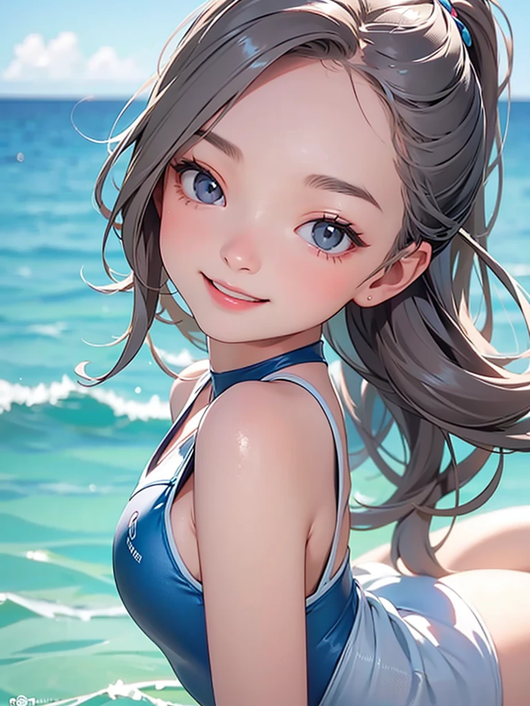 Highest quality、Realistic、girl、zoom、cute、Grey Eyes、Chestnut Hair、Back to all、the forehead is protruding、Light blue swimsuit、Ocean、Looking down、Big smile、Bust Shot、slender