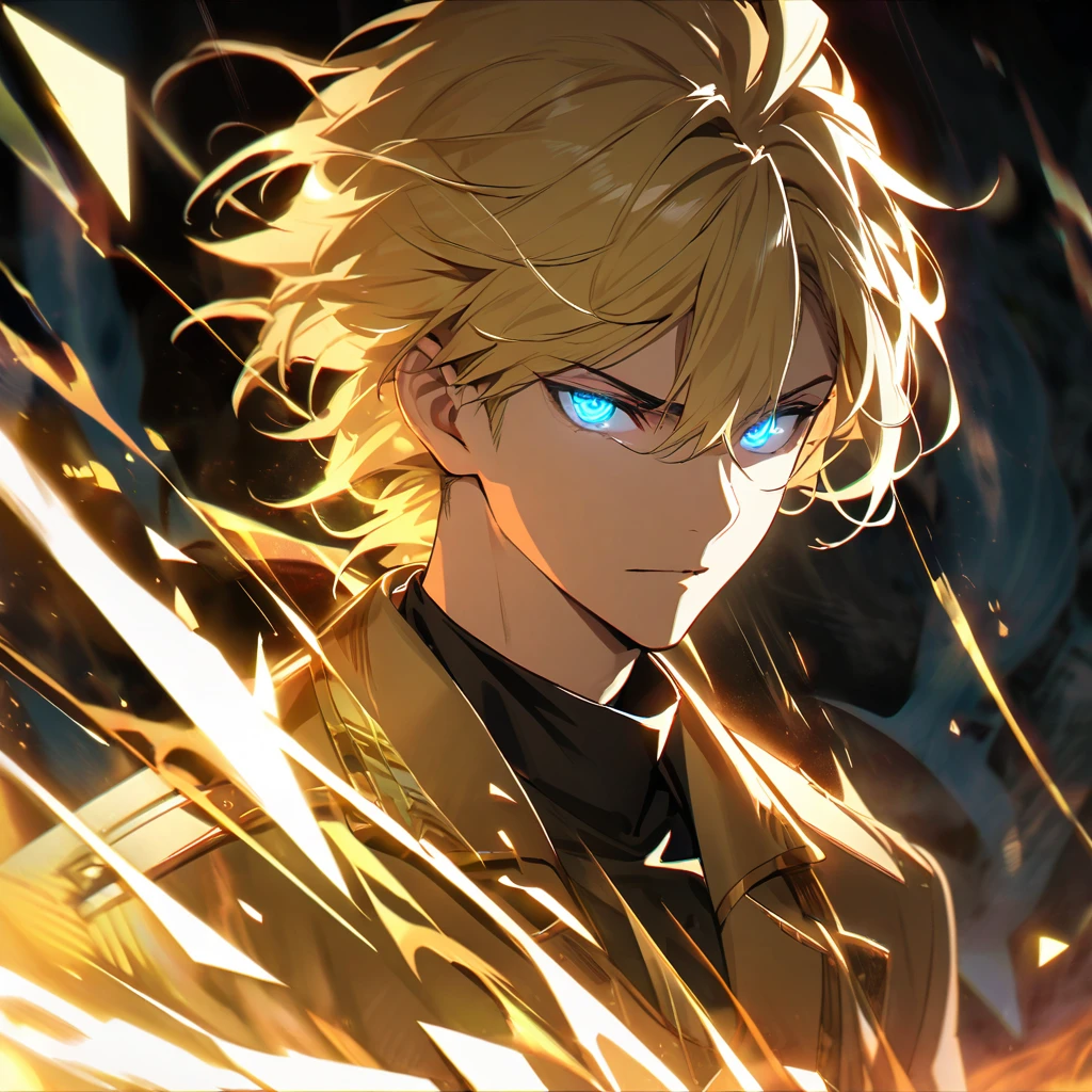 male, solo, handsome, blond hair, god, god eyes, glowing eyes, light, aura, holo, golden, triangle with eye