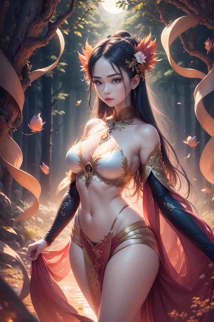 1 girl, mythical goddess in the forest, wearing a delicate silk outfit with phoenix and Chinese dragon patterns that glow at night. Transparent silk clothing, Accurate anatomy, perfect hands and fingers, Mesmerizing, sexly, erotic, beautiful face, detailed and perfect face, perfect proportions, Breasts huge, neckleace, bared shoulders, Waist slender, へそ, Opening between crotch, coxas sexly, random pose, dynamic angles, bright figure illuminated by the full moon, smooth light, ambient lighting, beautiful forest and lake, (field of depth: 1.3), (blur), 8k, colorful lighting, vivid, ultra detali, surreal photography, (photorrealistic: 1.2), (sharp focus),