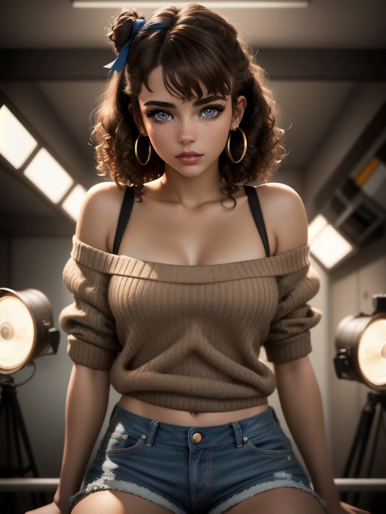 illustration, style of Philip Lorca diCorcia, cinematic film still portrait of young girl aged 18 yrs old, 1girl, solo, Instagram model, athletic figure, pretty face, wearing an off the shoulder brown sweater, wearing jean shorts, light brown hair, short curly hair, crossed bangs, constricted pupils, hair ribbon, hoop earrings, cinematic lighting, Ultra-Wide Angle, Canon, Hyperrealism, UHD, masterpiece, textured skin, high details, best quality, detailed eyes, detailed iris, full body photo