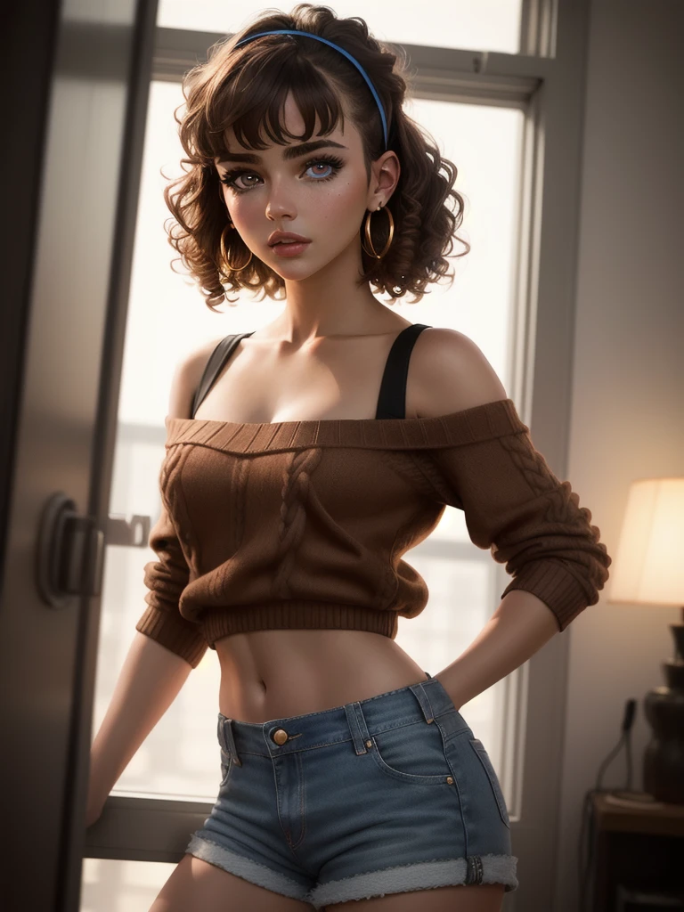 illustration, style of Philip Lorca diCorcia, cinematic film still portrait of young girl aged 18 yrs old, 1girl, solo, Instagram model, athletic figure, pretty face, wearing an off the shoulder brown sweater, wearing jean shorts, light brown hair, short curly hair, crossed bangs, constricted pupils, hair ribbon, hoop earrings, cinematic lighting, Ultra-Wide Angle, Canon, Hyperrealism, UHD, masterpiece, textured skin, high details, best quality, detailed eyes, detailed iris, full body photo