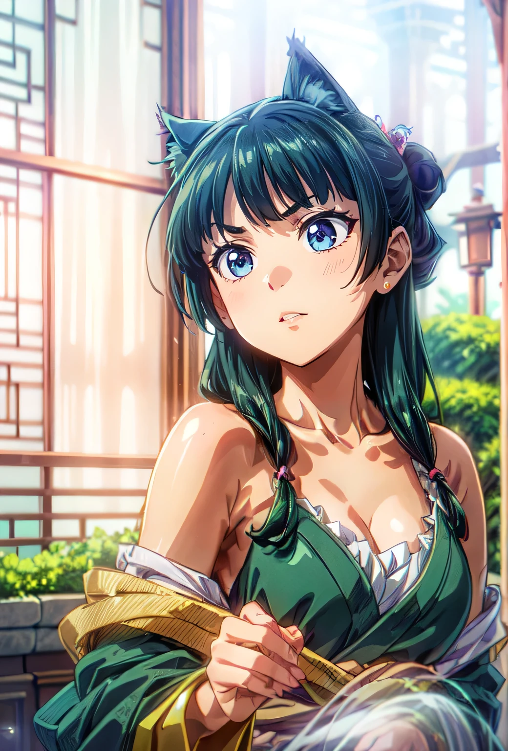 (Masterpiece, High Quality, Top quality, High-Detailed, Detailed CG, Cinematic Shadow, Cinematic Scene, Beautiful Detailed Eyes, Ultra Resolution, Depth of Field, 8k, High resolution, masterpiece: 1.2), Anime art style, Very detailed, Dynamic Angle, Teen Style, Detailed Green Hair, Cat Ear, Detailed Blue Eyes, Slim Body, Sparkling eyes, Hair Accessory, Earrings, Slightly Blunt Bangs, Looking at the Audience, (Blush Expression:1.2), (Angry Expression:1.2), (Dark Green Hair), Purple Eye, Five Fingers, Good Composition, Arms, Thighs, Medium Breasts, Medium Size Breasts, Blur Background, Chinese Architectures