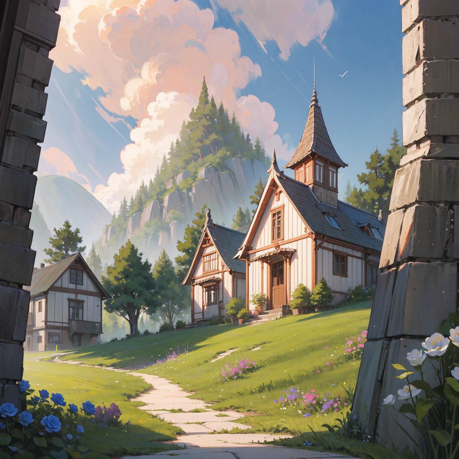 Masterpiece, high quality, a beautiful picture depicts a fairy tale world about green, rose hut, fairyland, terraced fields around the house, blue rose flowers, green rice fields, red sky, grey clouds, Hayao Miyazaki, perfect sy symmetrical composition, stone bricks floor