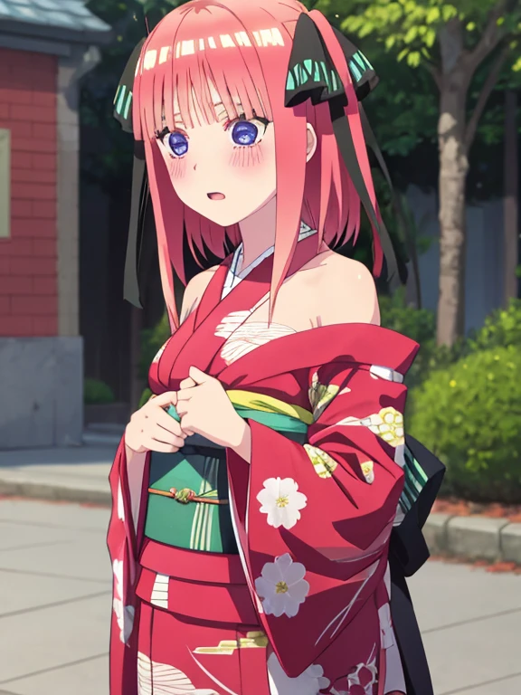 best quality, insanely detailed, nino nakano, kimono, blush, outdoor background, bare-shoulder garment