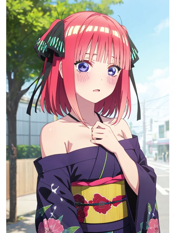 best quality, insanely detailed, nino nakano, kimono, blush, outdoor background, bare-shoulder garment