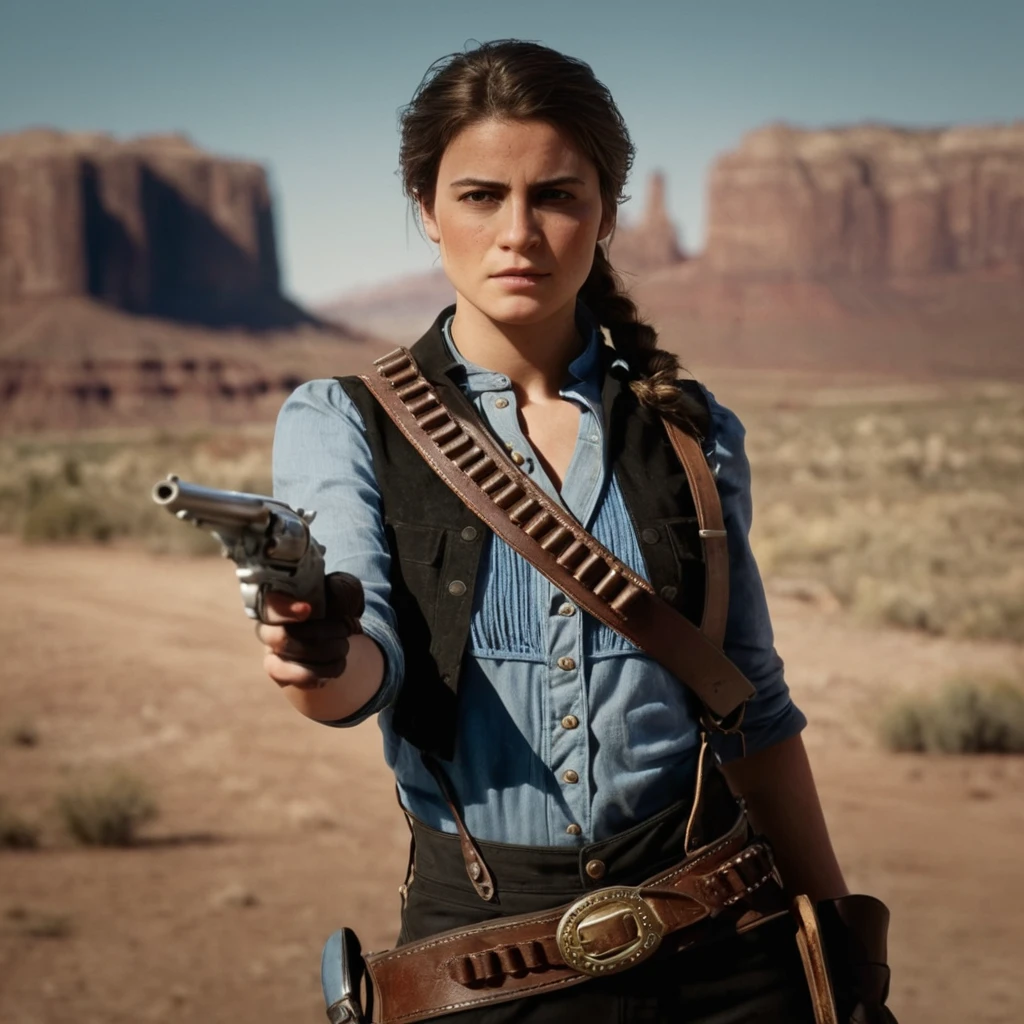 cinematographic film still of cinematographic film still of  a woman in a Cowboy outfit tenure a pistol,1 girl,Alone,looking at the viewer,Brown hair,gloves,has,tenure,Brown eyes,weapon,outdoor,belt,pants,tenure weapon,blurred,vest,pistol,blurred background,tenure pistol,rifle,handpistol,realist,learn,trigger discipline,submachine pistol,Cowboy has,shotpistol,Cowboy western , epic, western film, Adventures, proscribir, dead red, western film United States, wild West, Cowboy, cowgirl, Open world, 1900, realist, cinematographic, movie look, dramatic light, partially covered in shadows, gang, western film-themed action-adventure, dead red Redemption style, shallow depth of field, vignette, Very detailed, high budget, bokeh, cinemascope, moody, epic, gorgeous, film grain, naked grains