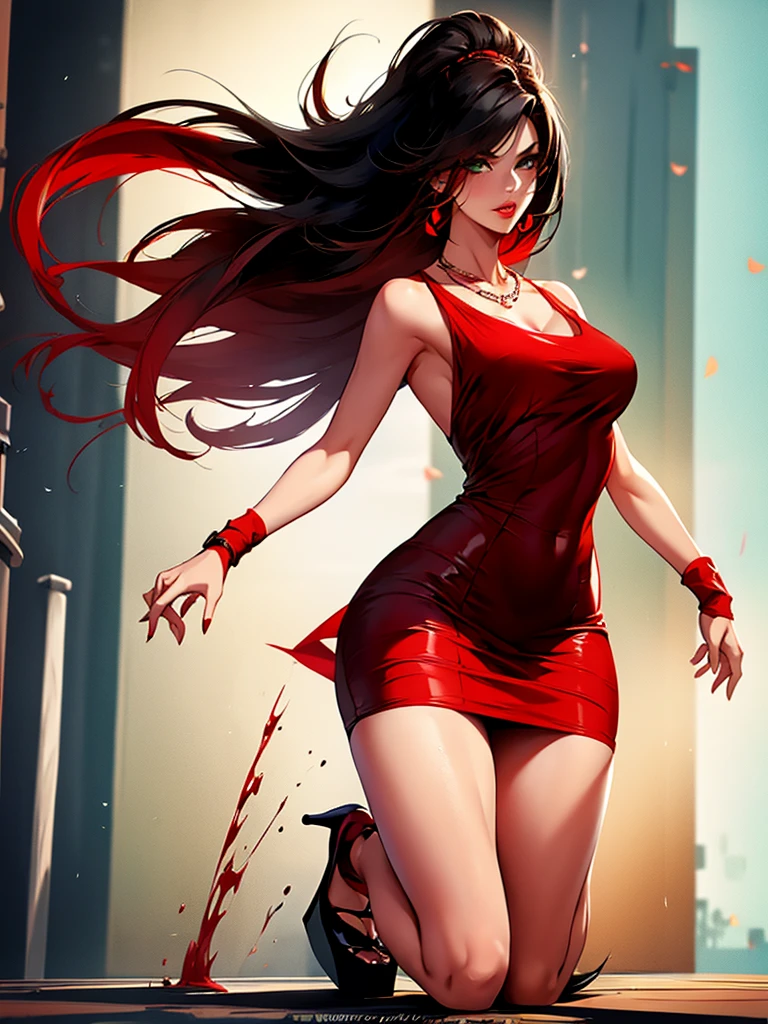 a girl, Bblack hair, 1980s (styled), blood red sleeveless dress, long hair, fully body, red platform heels, long red hair, clear green eyes, thick lips, round breasts,