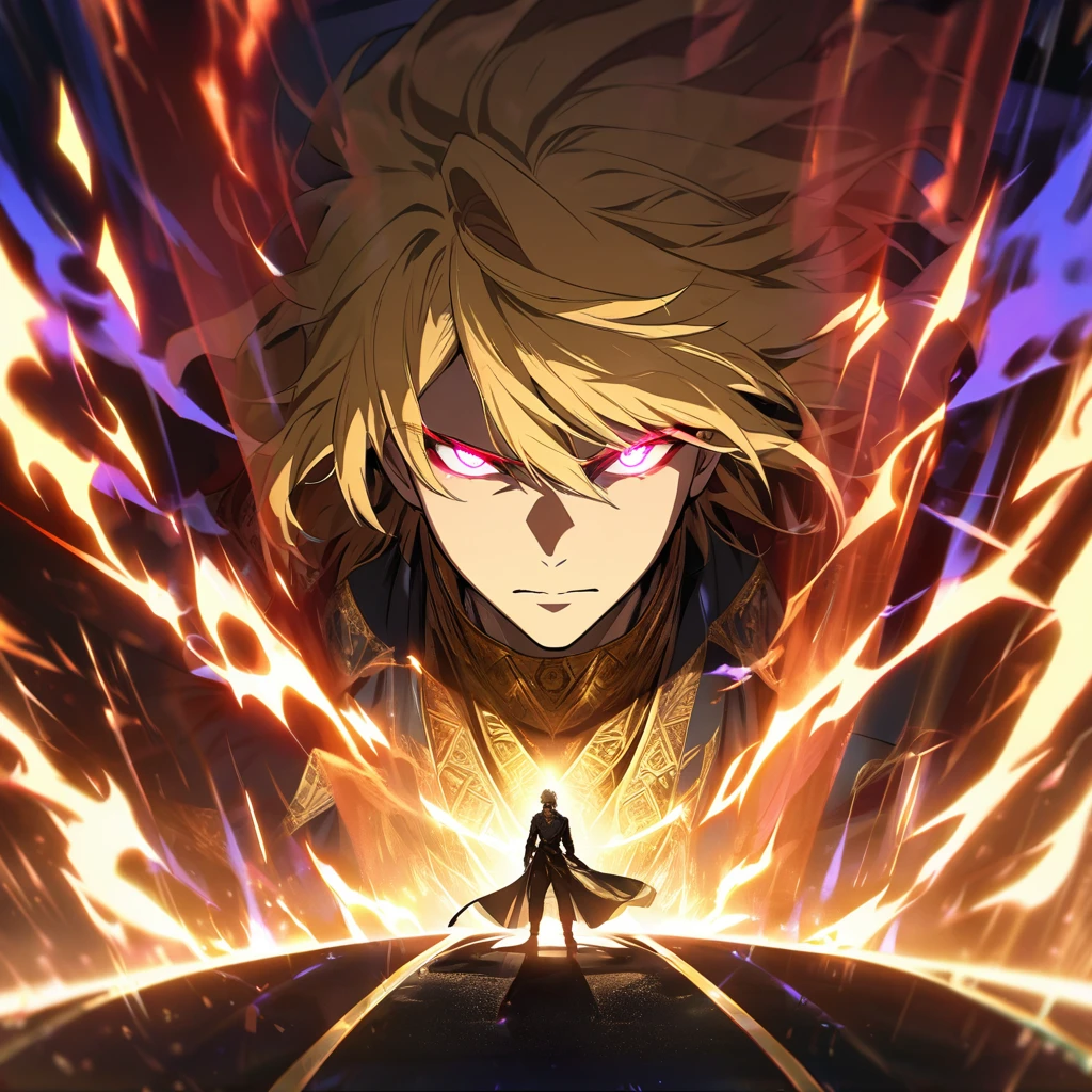 male, solo, handsome, blond hair, god, god eyes, glowing eyes, light, aura, holo, golden, triangle with eye