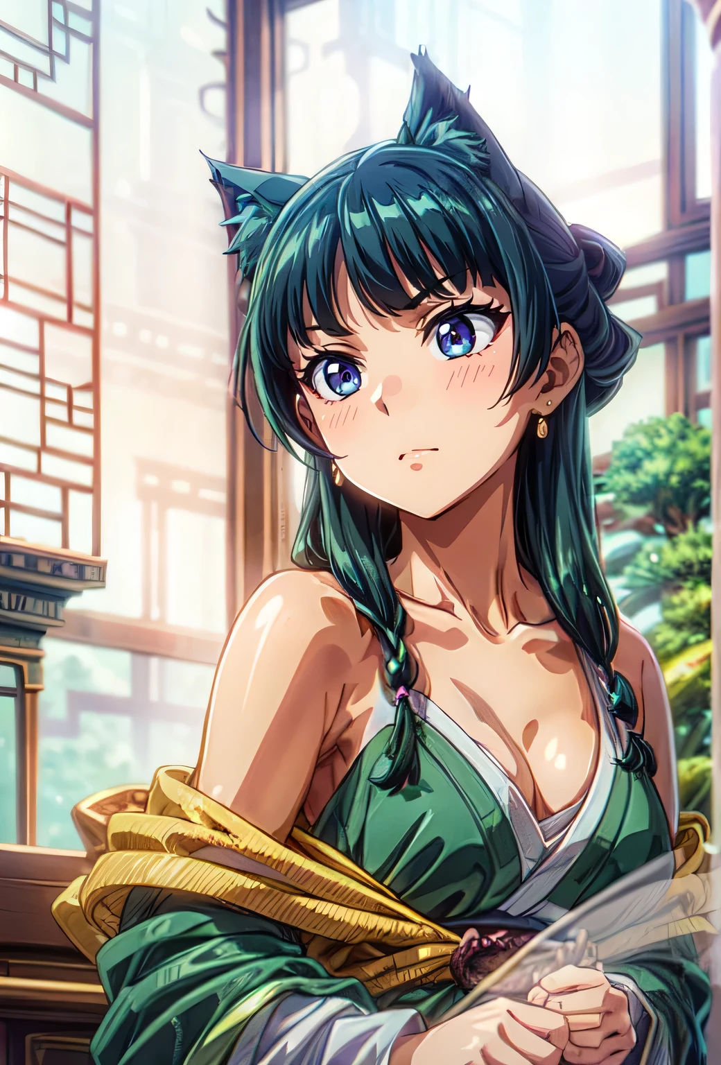 (Masterpiece, High Quality, Top quality, High-Detailed, Detailed CG, Cinematic Shadow, Cinematic Scene, Beautiful Detailed Eyes, Ultra Resolution, Depth of Field, 8k, High resolution, masterpiece: 1.2), Anime art style, Very detailed, Dynamic Angle, Teen Style, Detailed Green Hair, Cat Ear, Detailed Blue Eyes, Slim Body, Sparkling eyes, Hair Accessory, Earrings, Slightly Blunt Bangs, Looking at the Audience, (Blush Expression:1.2), (Angry Expression:1.2), (Dark Green Hair), Purple Eye, Five Fingers, Good Composition, Arms, Thighs, Medium Breasts, Medium Size Breasts, Blur Background, Chinese Architectures