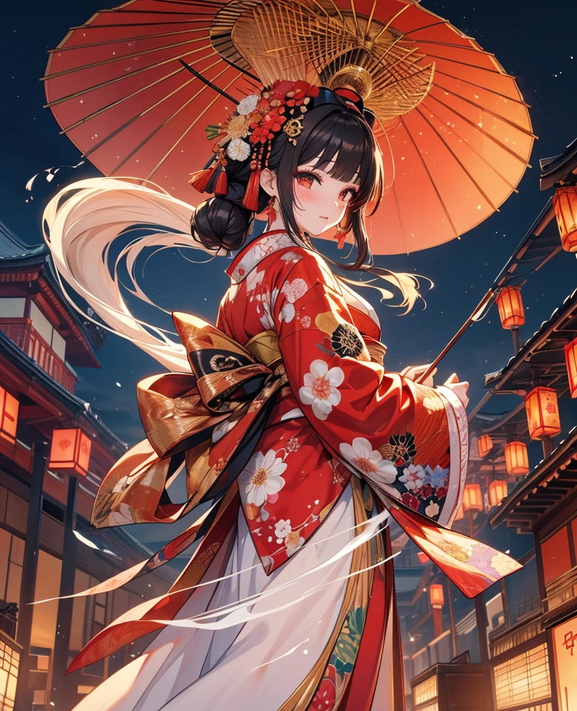 god々しく華やかに飾られたOiran,from behind,whole body,Oiran,kimono,luxurious makeup,(Gorgeous costumes:1.2),(Oiranの髪飾り,Big Barrel),Large umbrella,(Smoke pipe),Osaka Castle seen in the distance,Oiran道中,Night scenery with lanterns lined up,Dynamic movement and powerful brushstrokes、Drawing strokes drawn with rot ring 0,