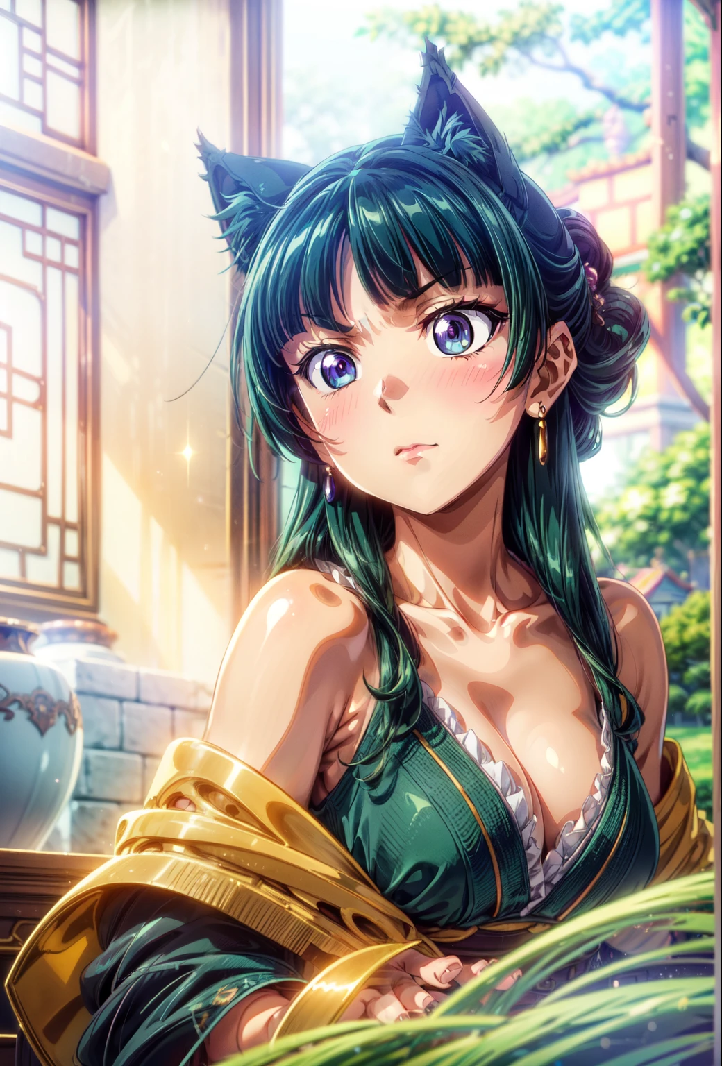 (Masterpiece, High Quality, Top quality, High-Detailed, Detailed CG, Cinematic Shadow, Cinematic Scene, Beautiful Detailed Eyes, Ultra Resolution, Depth of Field, 8k, High resolution, masterpiece: 1.2), Anime art style, Very detailed, Dynamic Angle, Teen Style, Detailed Green Hair, Cat Ear, Detailed Blue Eyes, Slim Body, Sparkling eyes, Hair Accessory, Earrings, Slightly Blunt Bangs, Looking at the Audience, (Blush Expression:1.2), (Angry Expression:1.2), (Dark Green Hair), Purple Eye, Five Fingers, Good Composition, Arms, Thighs, Medium Breasts, Medium Size Breasts, Blur Background, Chinese Architectures