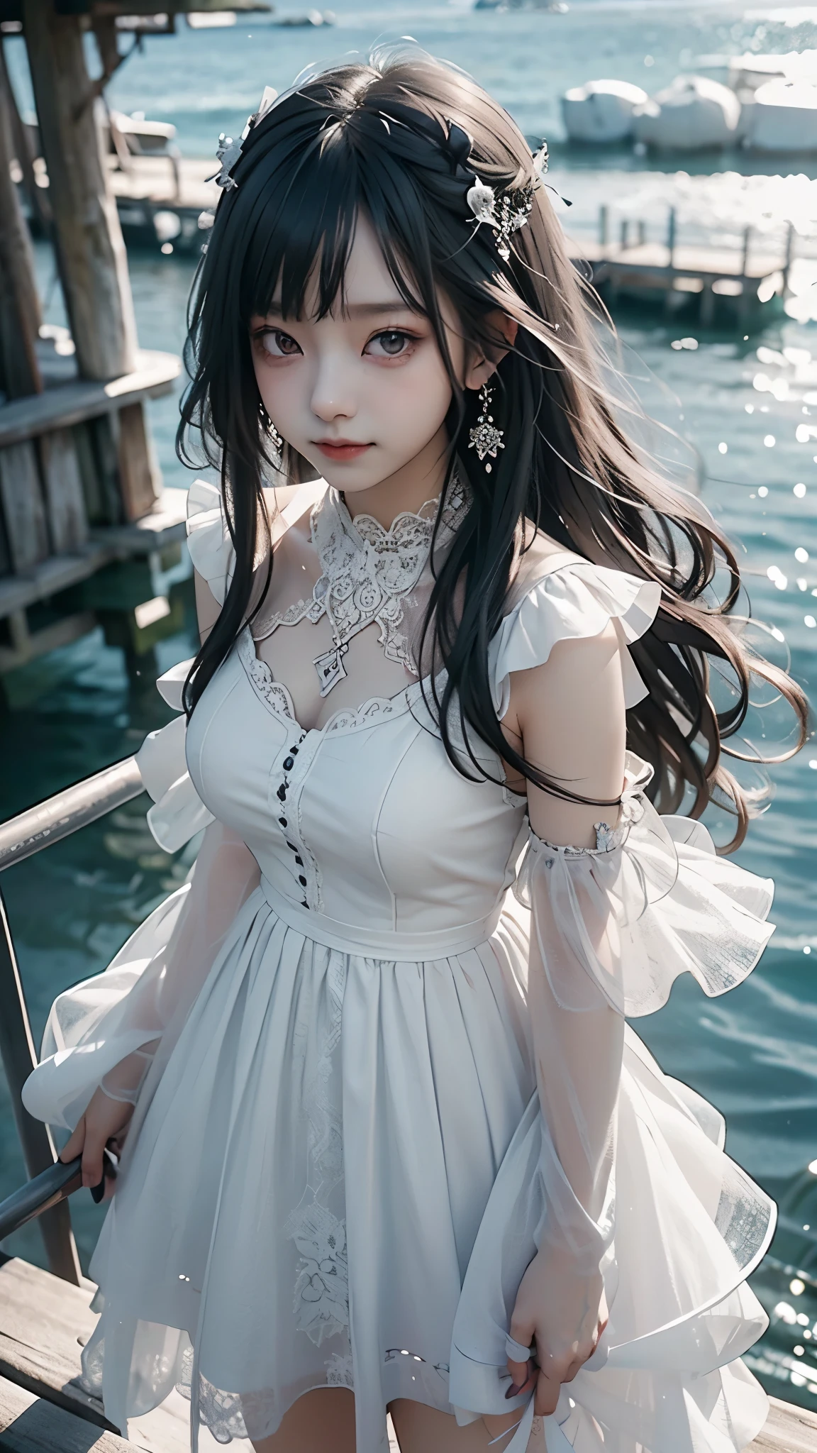 RAW Photos, Realistic, Ultra-realistic, RAW Photos, Realistic, Ultra-realistic, beautiful girl, large sparkling eyes, smiling, white lace gothloli dress, standing in ocean, summer, clear blue sky, crystal clear water, flowing long smooth hair, gentle breeze, soft lighting, sun shining, 2.5D illustration, highly detailed, award-winning artwork, serene, peaceful, ethereal, Highest quality, masterpiece, Ultra-high resolution, 8K, Highest quality, masterpiece, Ultra-high resolution, 8K