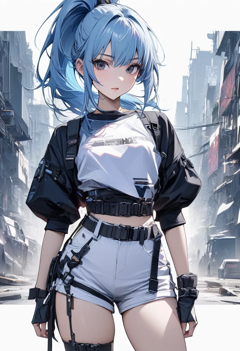 Young girl Top quality Top image quality Masterpiece Light Klein blue hair High ponytail Cyberpunk style Black eyes White top shorts