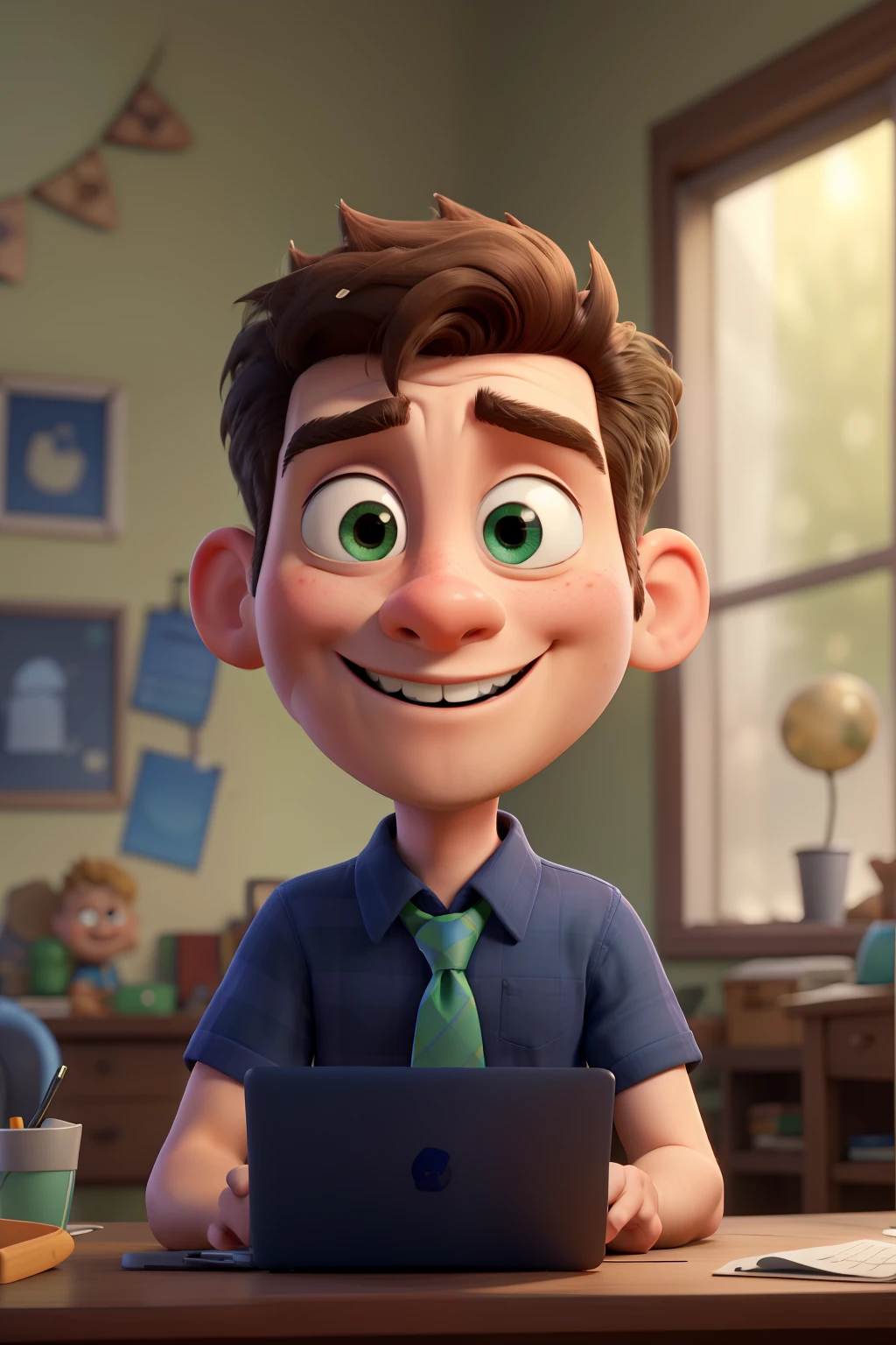 Young white man, shaved hair, without glasses, slightly rounded head, with a blue tie, wearing black shirt, Grinning, disney pixar style, with a laptop next to you on the table, totally neutral solid background in light green color, Grinning feliz, disney, pixar, cartoon