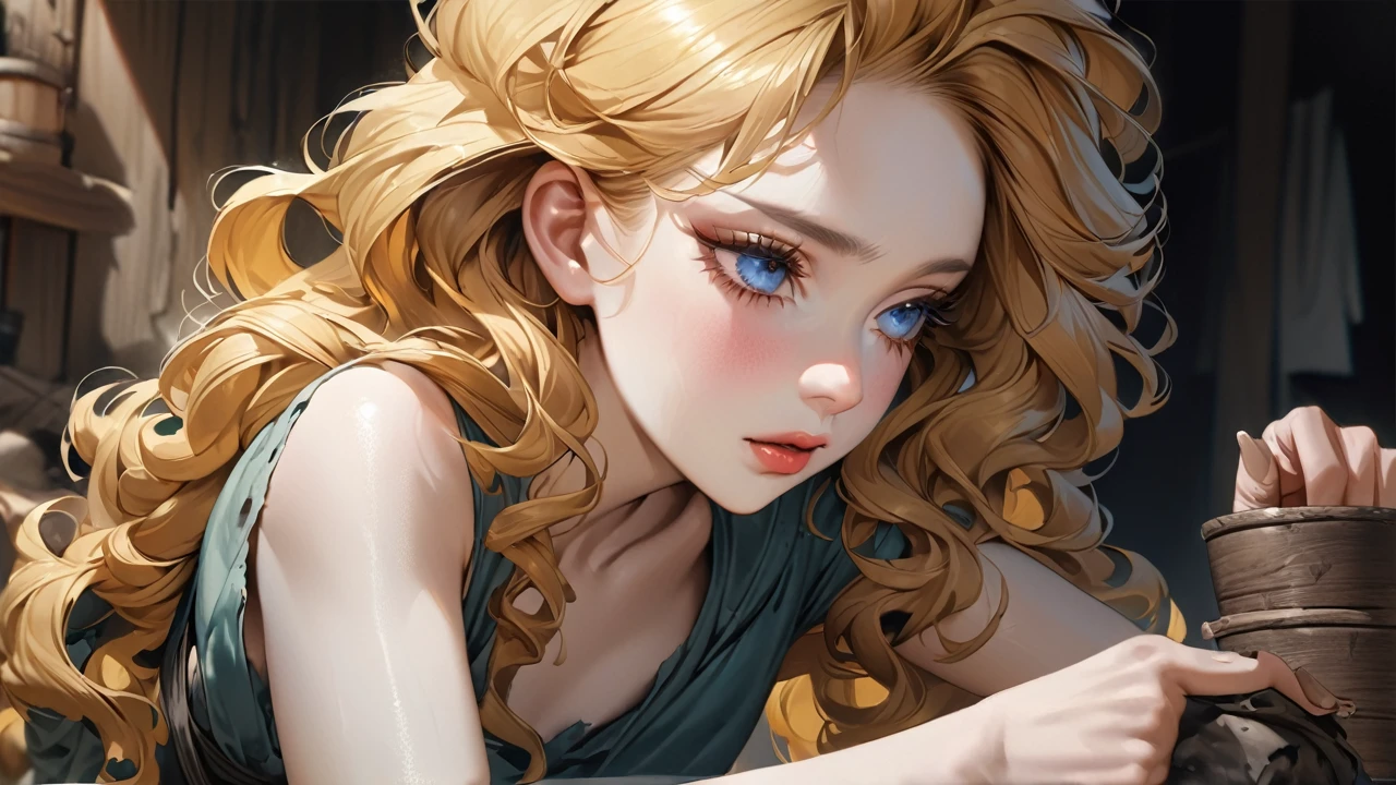 ultra detailed, hyper realistic, A servant woman cleaning, master piece, 25yo, female, Ragged and shabby servant dress, Charcoal blackened face and hands, wavy hair, yellow hair, silky hair, blue eyes, long eyelashes, yellow eyebrows, pale skin, Rags and wooden buckets, Fairy Tale World Feel,