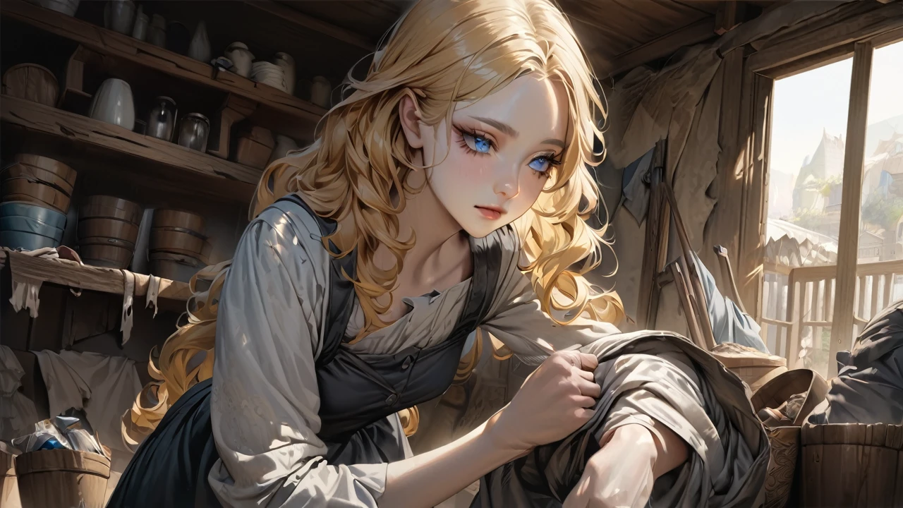 ultra detailed, hyper realistic, A servant woman cleaning, master piece, 25yo, female, Ragged and shabby servant dress, Charcoal blackened face and hands, wavy hair, yellow hair, silky hair, blue eyes, long eyelashes, yellow eyebrows, pale skin, Rags and wooden buckets, Fairy Tale World Feel, 