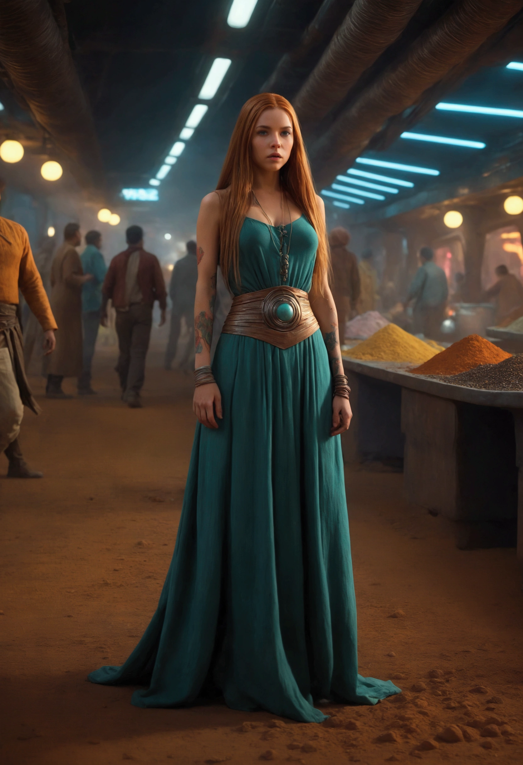 a lovely woman in an airy dress, marketplace on tattooine(area is seed, rusty, dusty, and used. People are dressed in ruddy outer layers but have vibrant clothing beneath. Dust and sand continually get on the floor. droids small and worn busy themselves battling the dirt and grime), aliens, star wars, cyberpunk, neon lights, crowd, futuristic, vibrant colors, detailed, photorealistic, 8k, high quality, cinematic, dynamic pose, beautiful girl, long flowing hair, intricate dress design, alien vendors, bustling marketplace, scifi atmosphere, dramatic lighting, advanced technologies, retro-futuristic, gritty urban, synergistic blend
