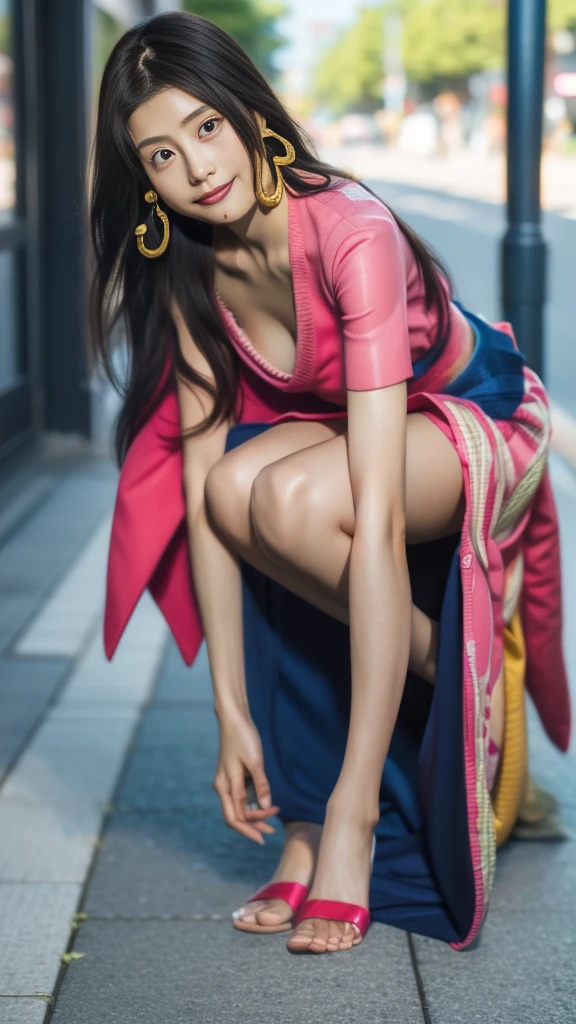 Moisturized skin, (Pink and bright eyes), (Looking down on people), Perfect body,
BREAK,
(Beautiful navel), (Side slit), (Epaulets), Cape, Crop top, Cloak,
BREAK,
(Super long hair), (Large gold and curved earrings: 1.2),
BREAK,
(((Masterpiece + Best quality + High resolution + Very detailed))), (Full body: 1.2), Symmetrical, One shot,
BREAK,
(Japanese city streets: 1.3),
BREAK,
(ONE PIECE), (Kasumi Arimura: 1.4), (Boa Hancock: 1.3), ((Large snake)),