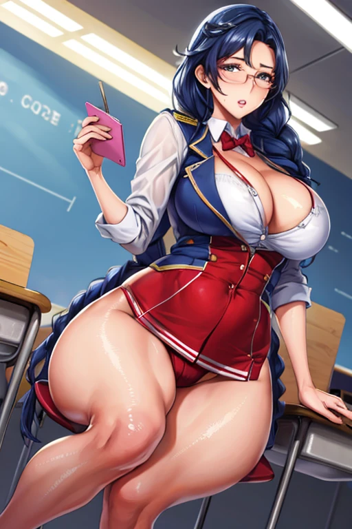 Hot student in uniform in the classroom, Glasses, Braided hair, Wet big breasts, Cleavage, Beautiful legs, Depth of written boundary, Cinema Lighting, Anatomically correct, Attention to detail, Hmph