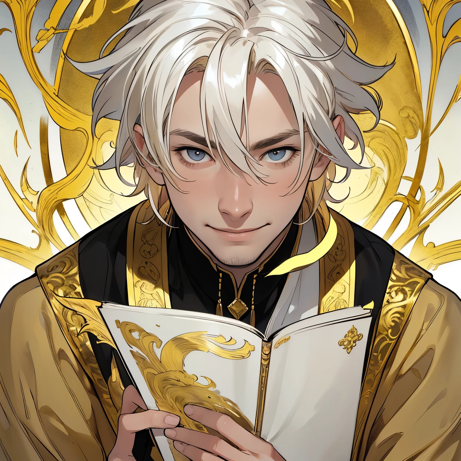 a man with golden highlighted hair, dynamic head position, smiling and holding a scroll, detailed face, realistic, photorealistic, 8k, high quality, detailed portrait, dramatic lighting, warm color tones, cinematic, melancholic, introspective, dynimic pose, expand image