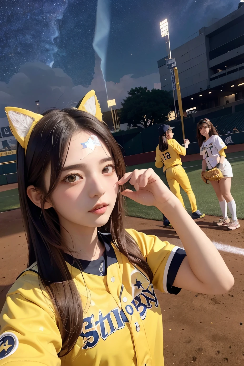 Three Girls, Long Hair, High resolution, Blushing, Open your mouth, Animal ears, Cat ear, Pink eyes, (Baseball uniform:1.3), (Yellow helmet:1.3),(Holding Bat:1.3),
(Starry Sky:1.6),Masterpiece, (From below:1.4)