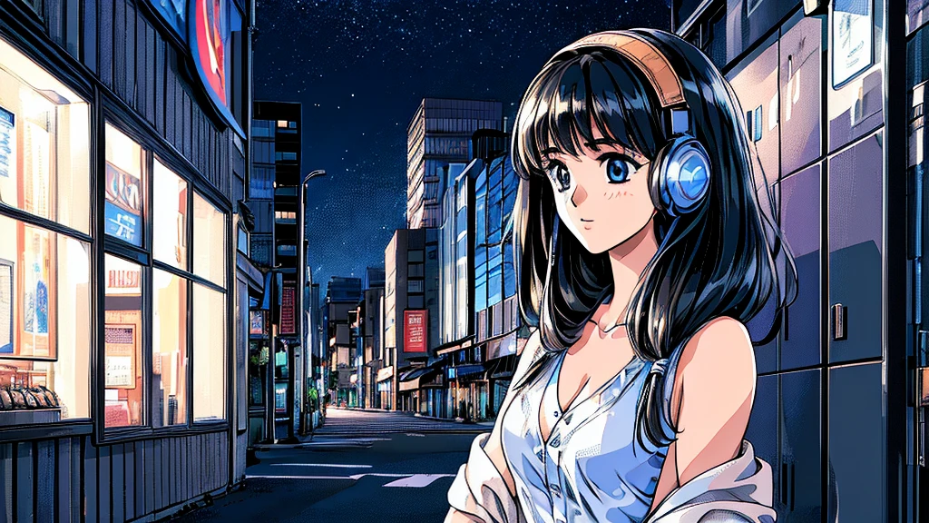 ((masterpiece)),(((Highest quality))),((Super detailed)) Realistically, 1 Girl, beautiful, Wearing headphones, one person　 Watching the night view, city, Starry Sky, building, night.　Long Black Hair　The wind is blowing　Cleavage