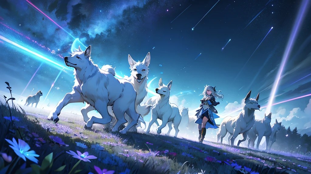 magical beam of silvery blue light streaking across the field